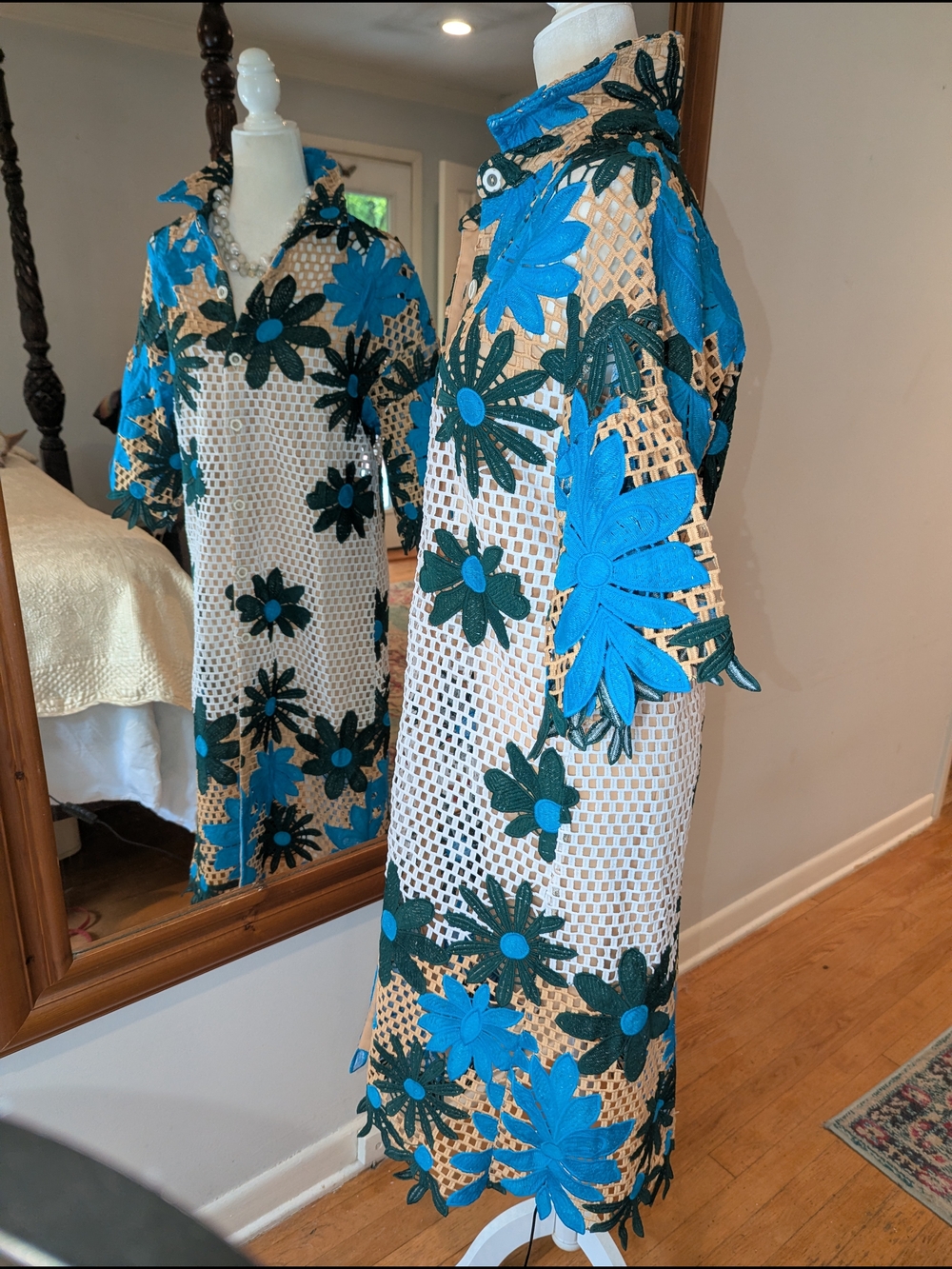Eva Franco Blue and Green Floral Crochet Midi Dress - Picture 4 of 13